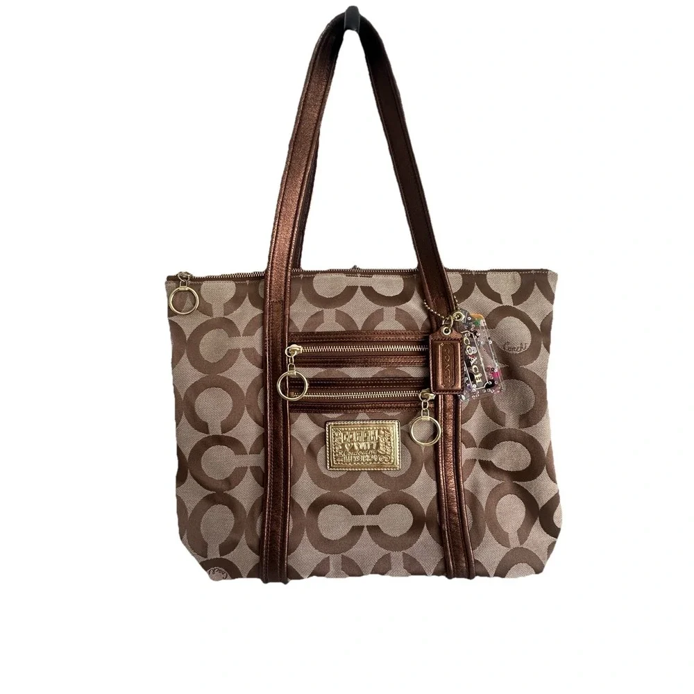 COACH 13826 Poppy Op Art Glam Brown Canvas Logo Bronze Shoulder Tote Bag Handbag